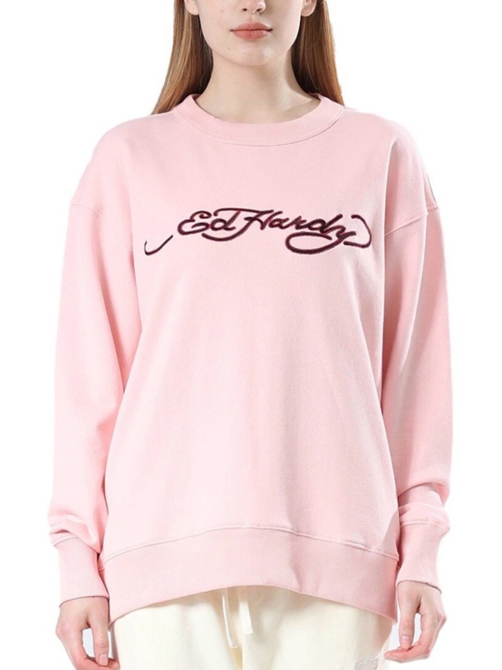NWT Ed Hardy Pink Sweatshirt with Burgundy Script Logo Size L